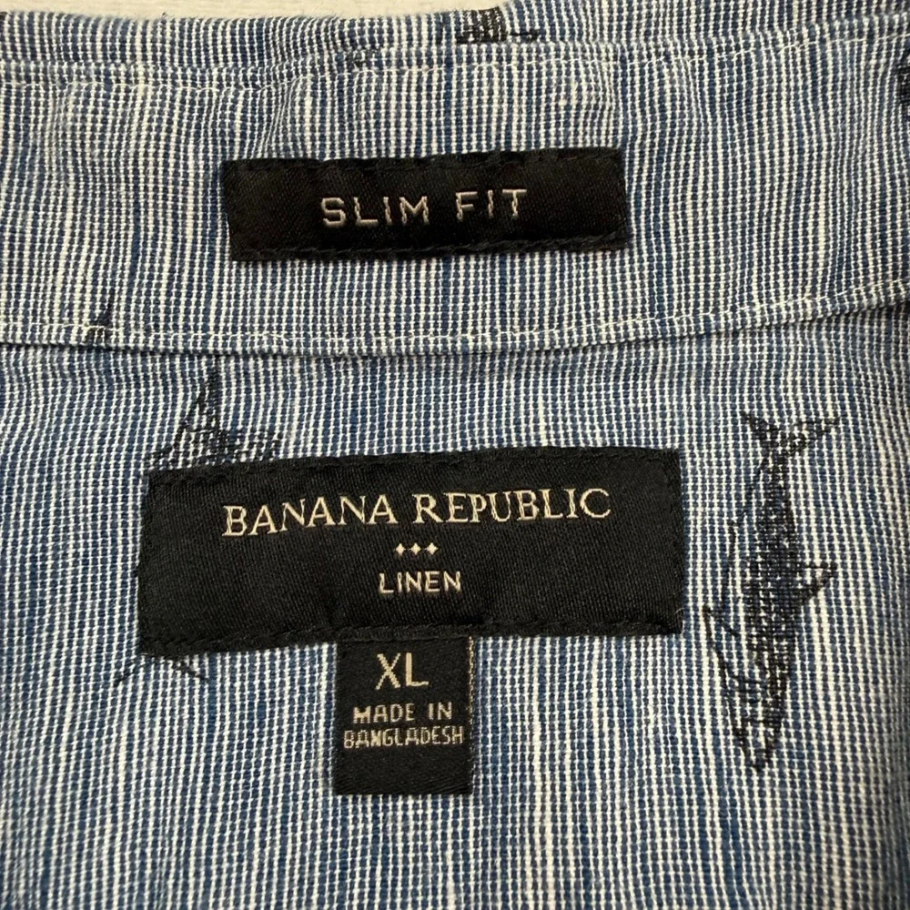 Banana Republic Mens XL Slim Fit Linen‎ Cotton Shark Sailfish Print Shirt Blue